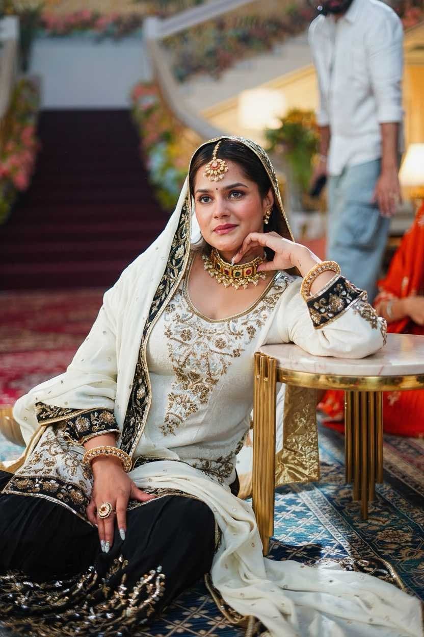 A bride in an ivory and black suit seated at a table with her chooda