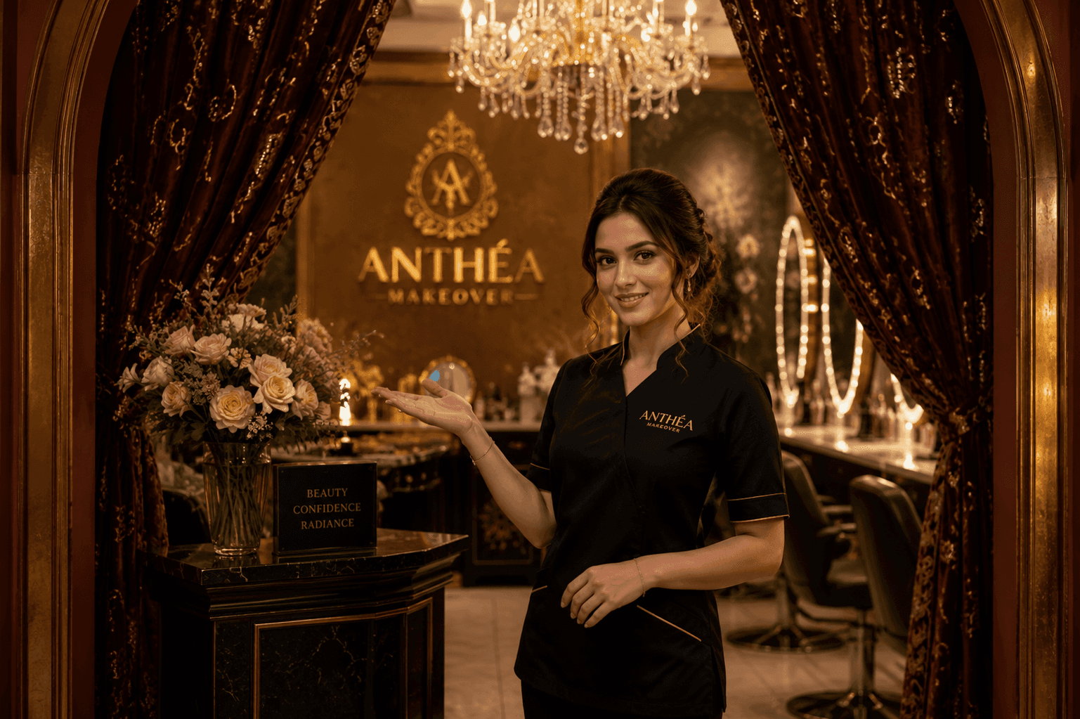 A studio artist at the reception desk, welcoming a guest in