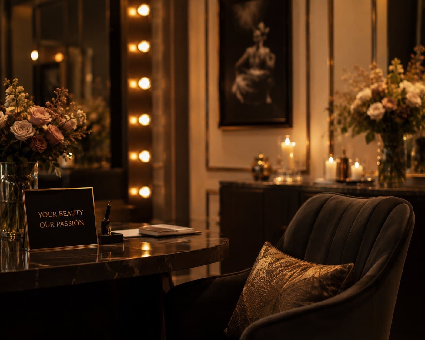 The consultation table, laid with the studio's card, a notebook and roses
