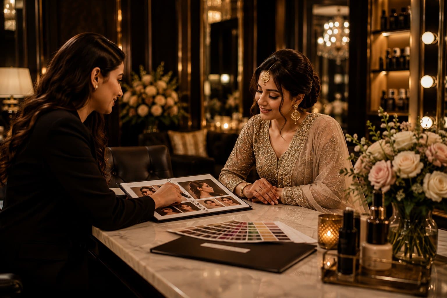 A bride and her artist going through the lookbook and colour swatches before the day