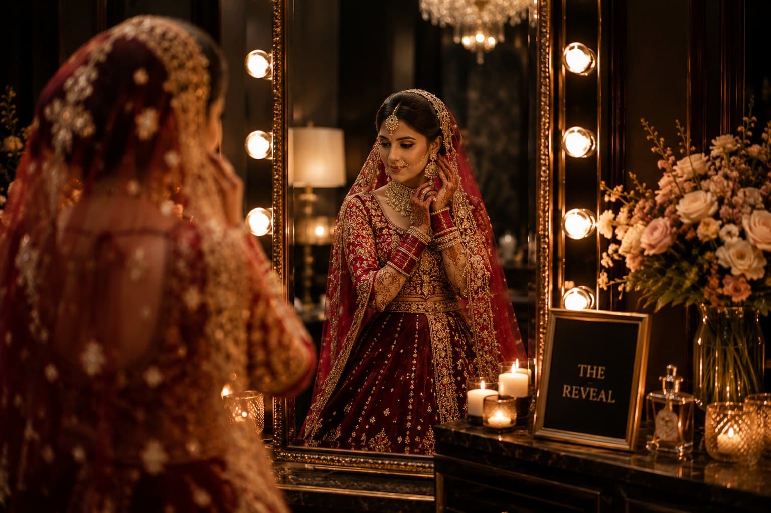 A bride seeing her finished look in the mirror of the suite