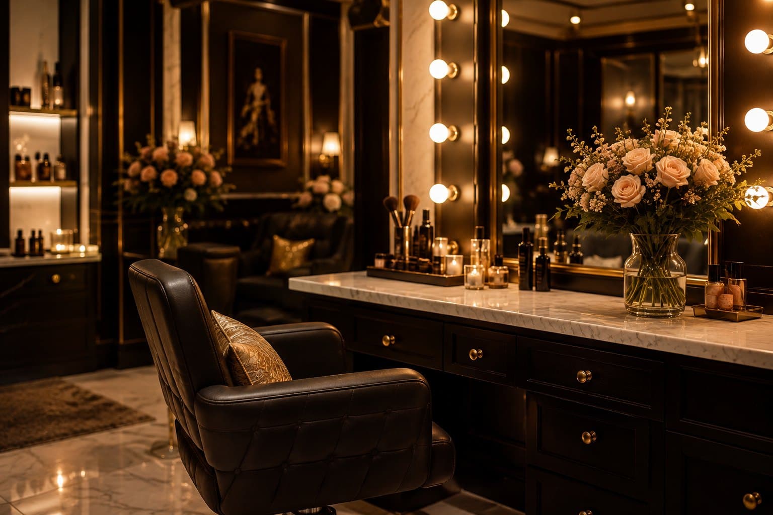 The bridal suite, chair drawn up to a lit mirror and the counter laid out