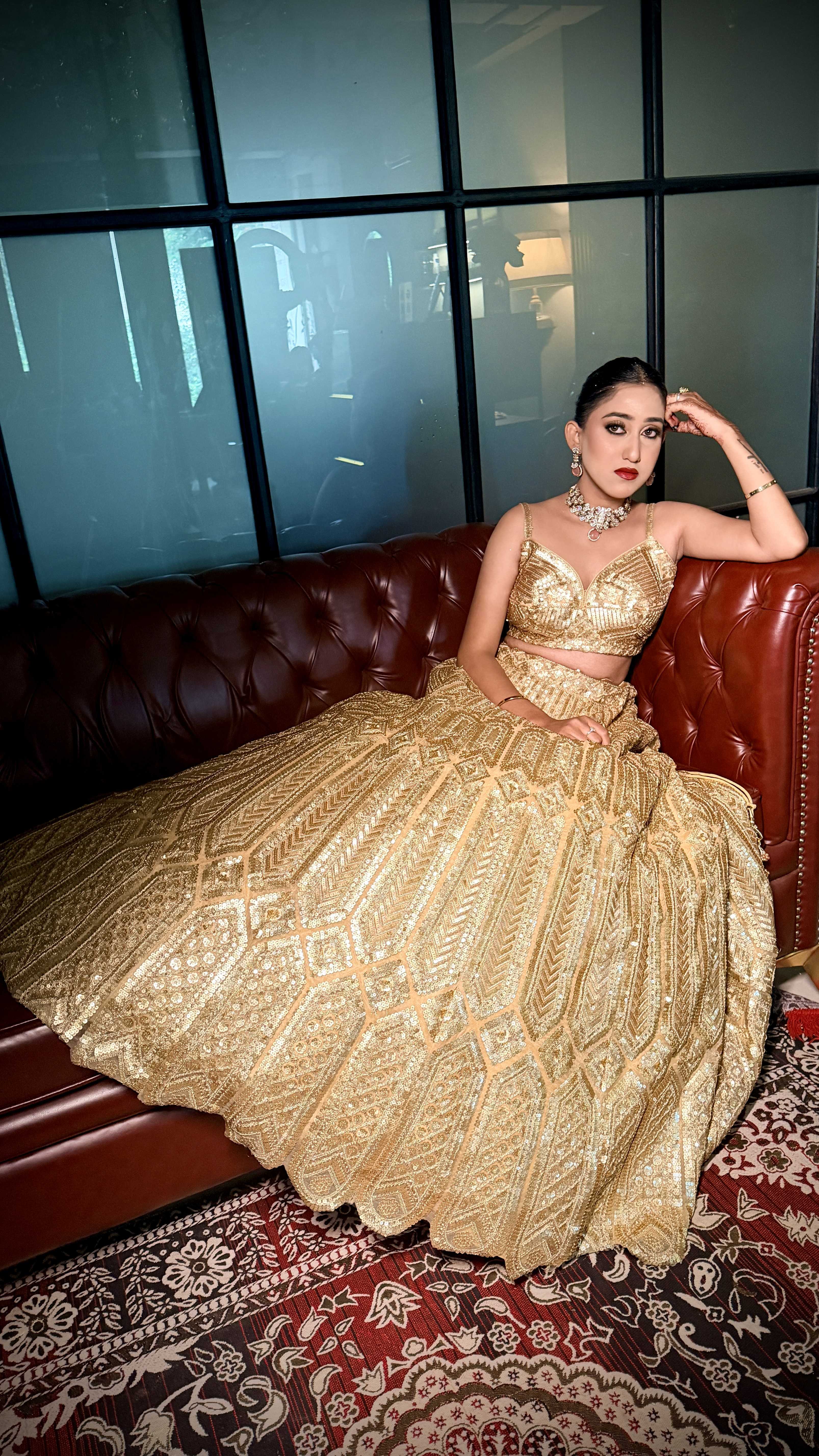 Party makeup by Anthéa Makeover — evening glam with a gold sequin lehenga