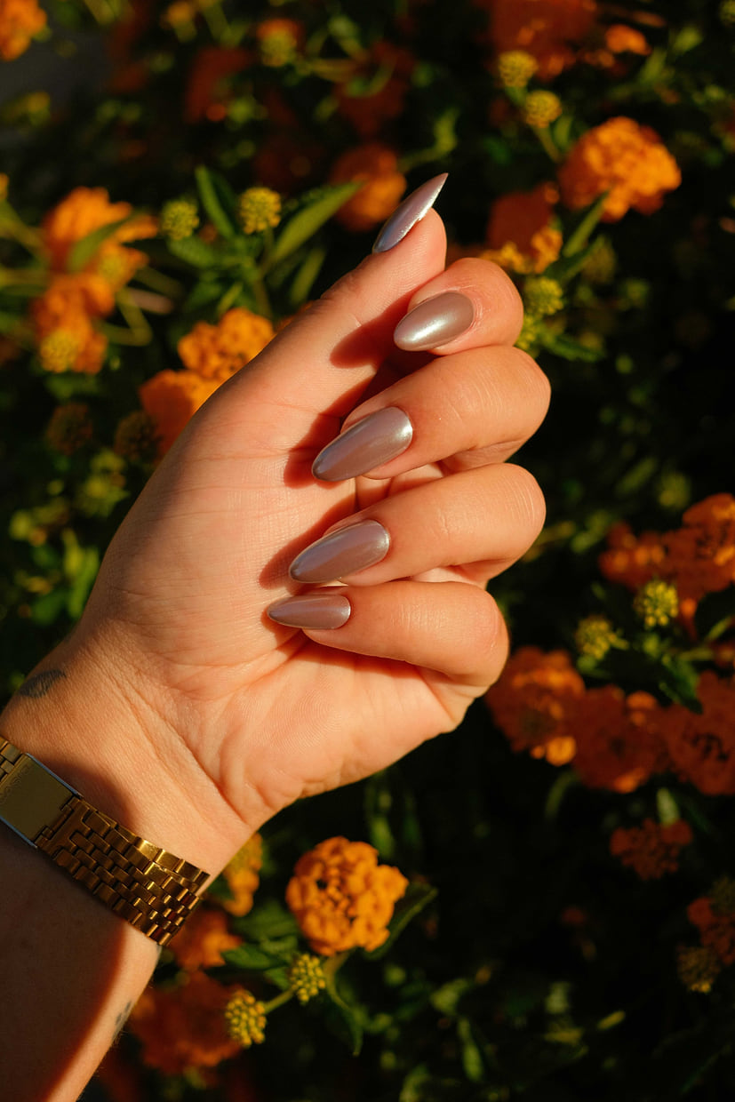 Chrome almond nail extensions at Anthéa Makeover in Jalandhar